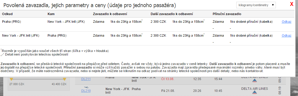 Delta Airlines - váha zavazadla