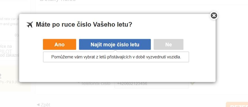 Rentalcars - zadání čísla letu v rezervaci