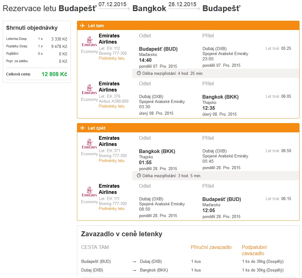 emirates bangkok z budapešti vánoce