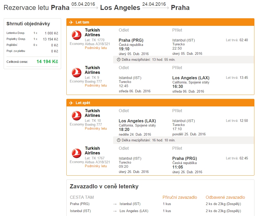 letenka z Prahy do Los Angeles s Turkish