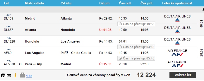 havaj z madridu letenka