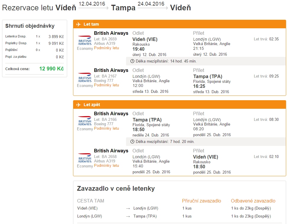 letenky vídeň tampa british airways