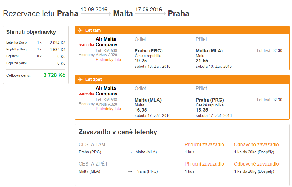 malta z PRG přímý let