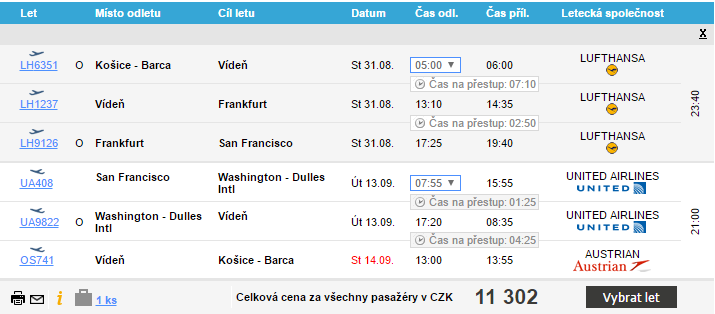 Letenka Košice San Francisco