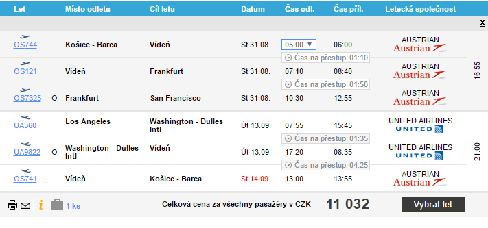 open-jaw z Košic do Kalifornie